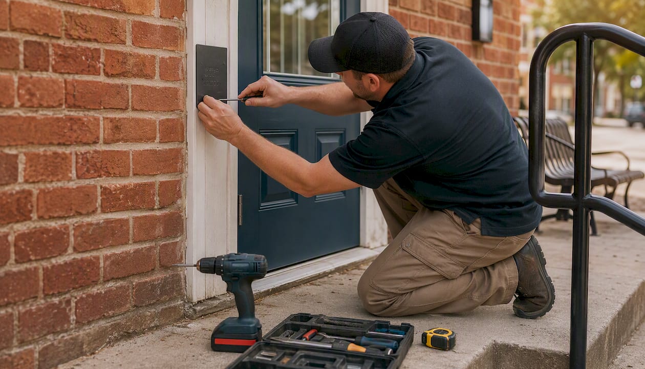 Hands fixing accessibility hardware on building entrance