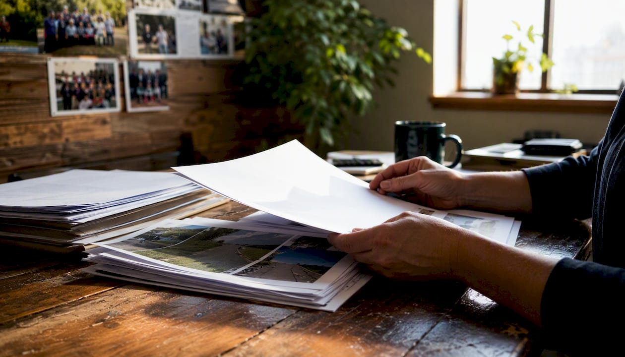 Hands reviewing audit reports on wooden table