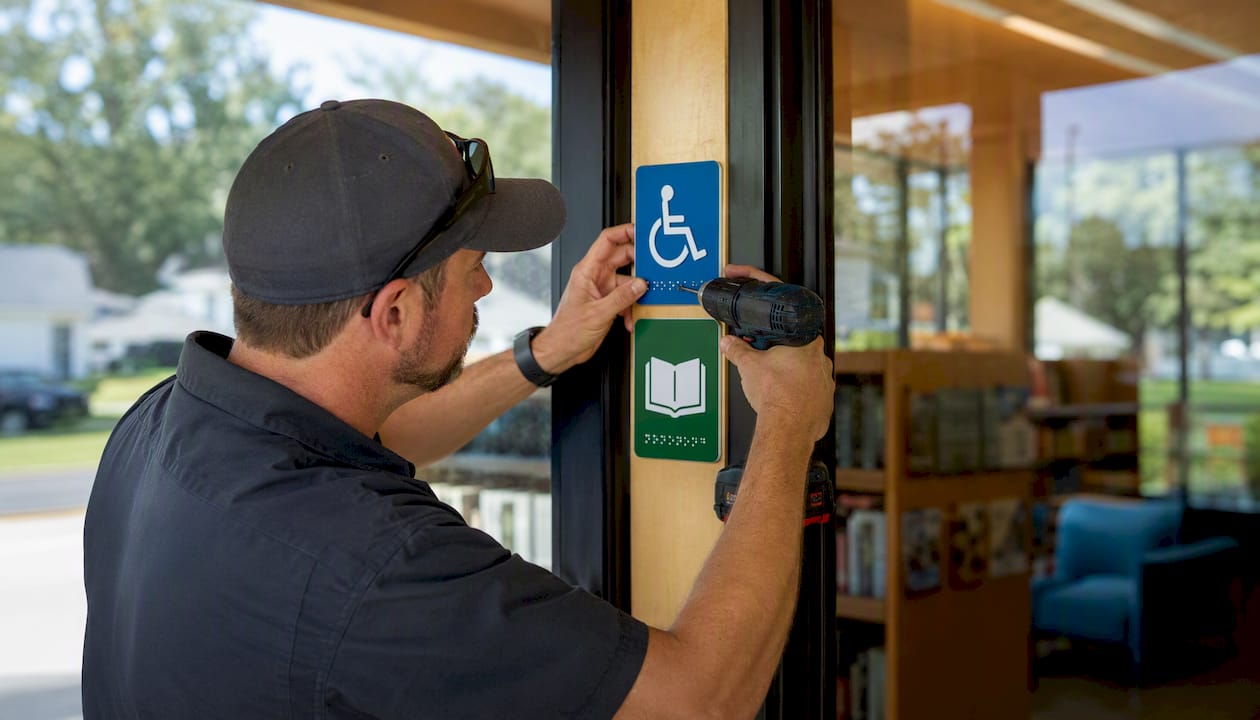 Hands installing tactile ADA signs