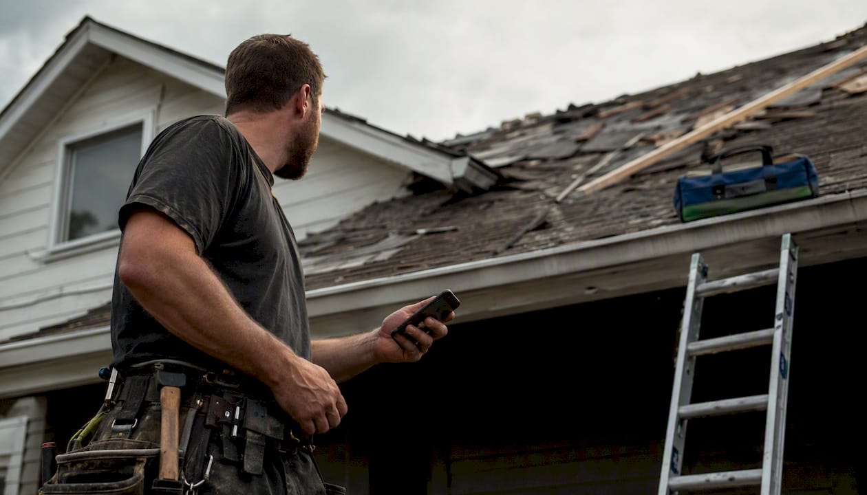 Roofer holding phone mid-job on roof