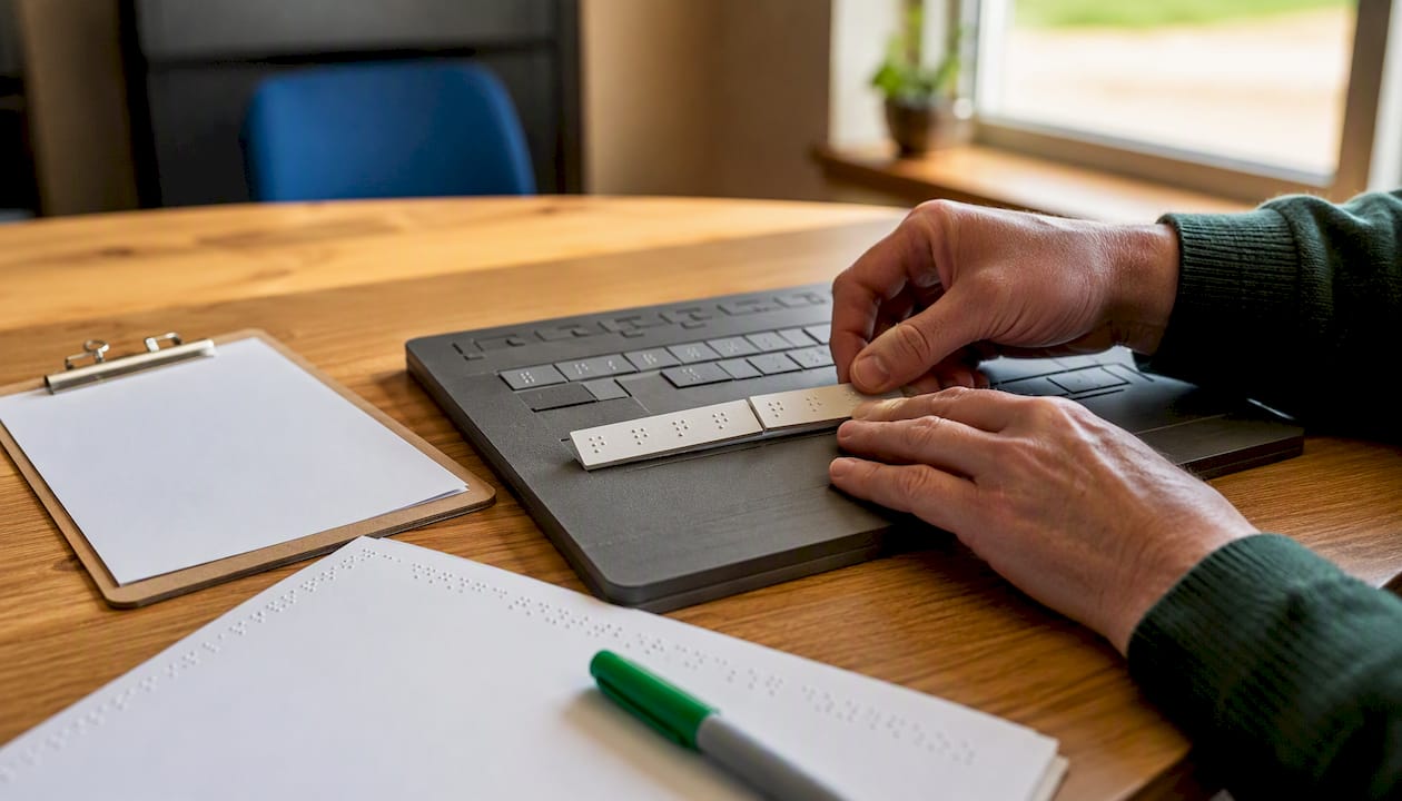 Hands linking form field labels in government office