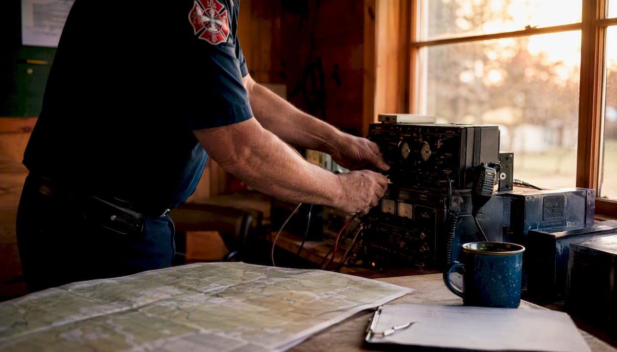 Hands adjusting radio transmitter in rural office