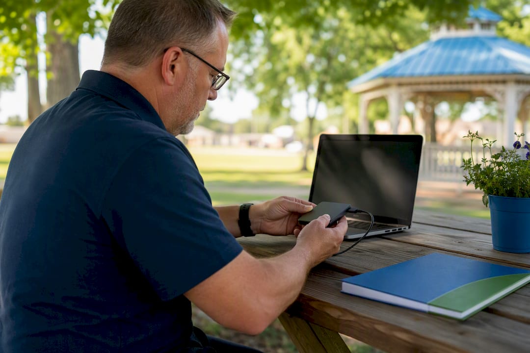 Hands exporting website content in small town office