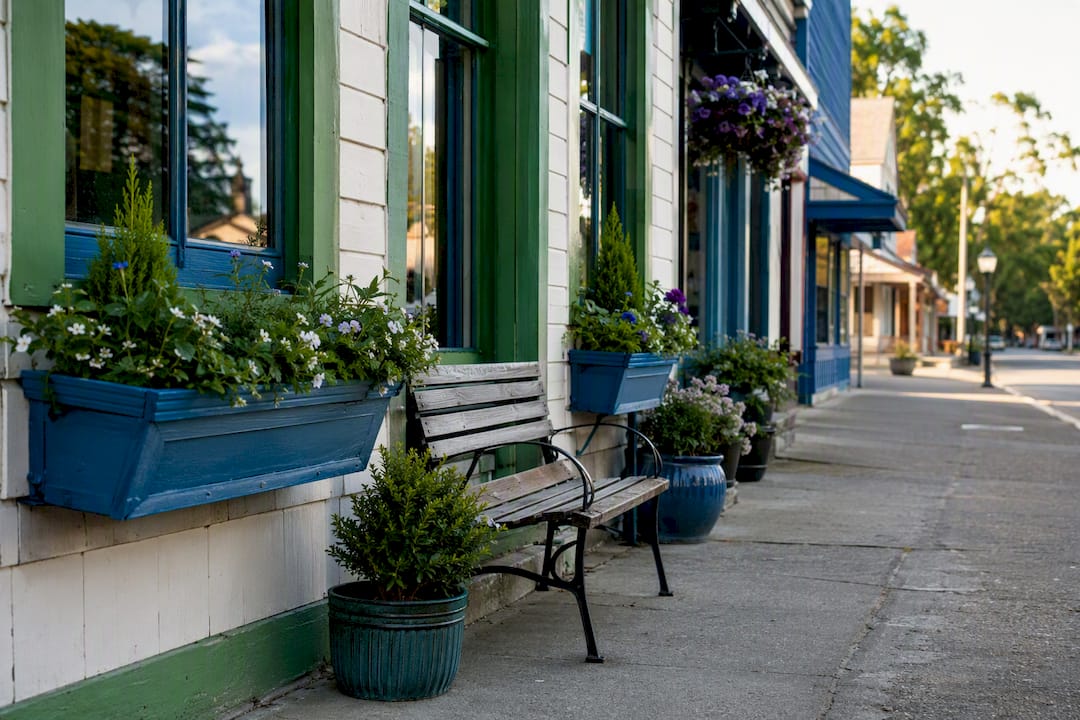 Small town main street with banners and storefronts