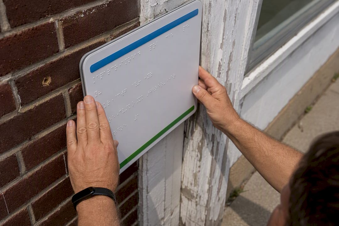 Hands installing exterior tactile signage
