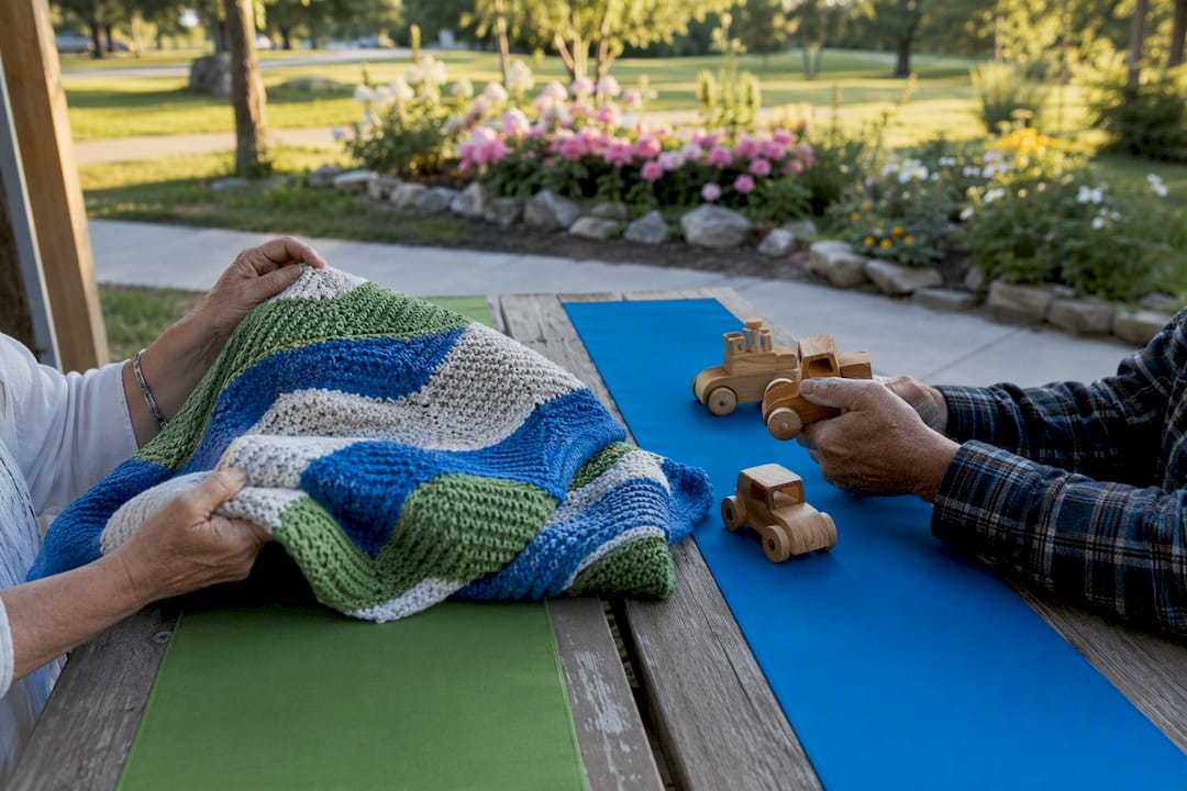Hands sharing local crafts at rural gathering