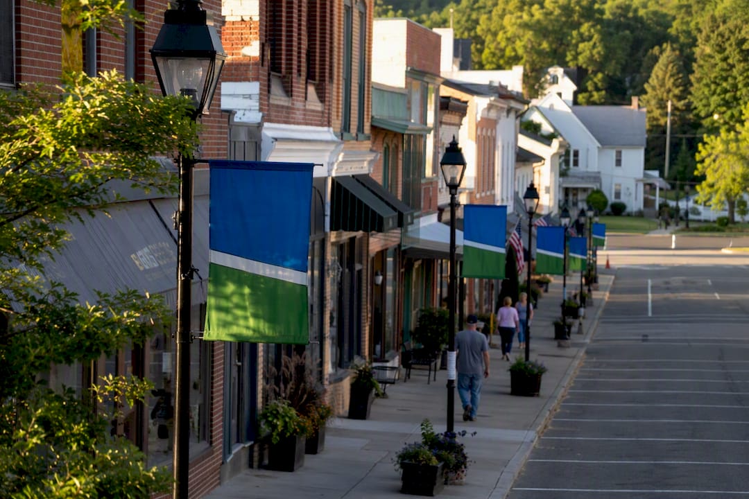 Small town Main Street storefronts with banners