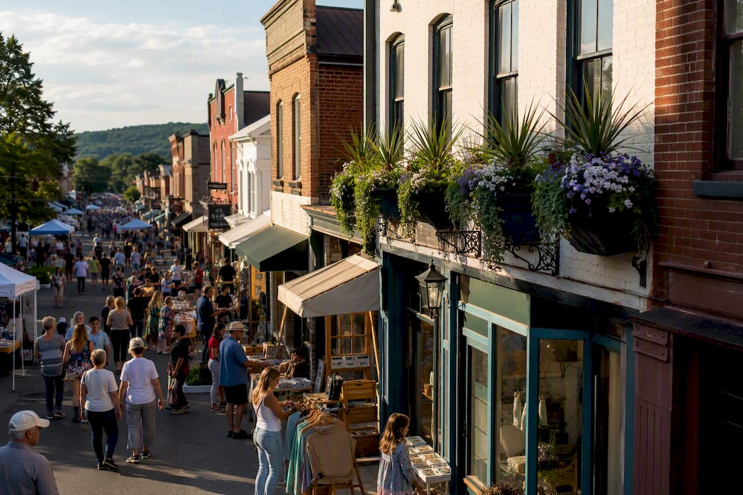 Small town Main Street with local businesses and banners