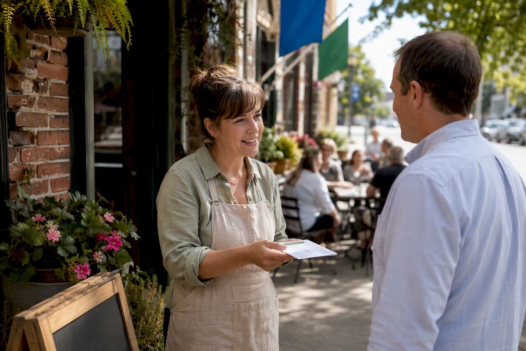 Business owner handing flyer on Main Street