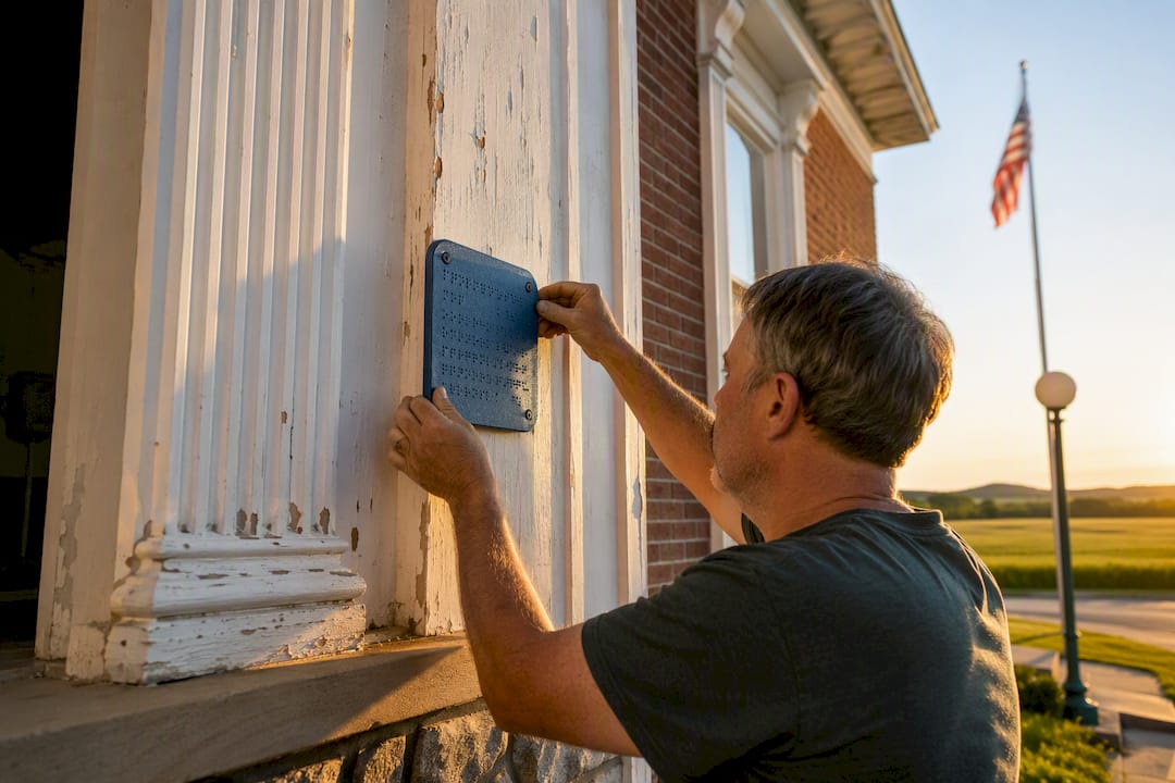 Hands installing a tactile sign at small city hall exterior