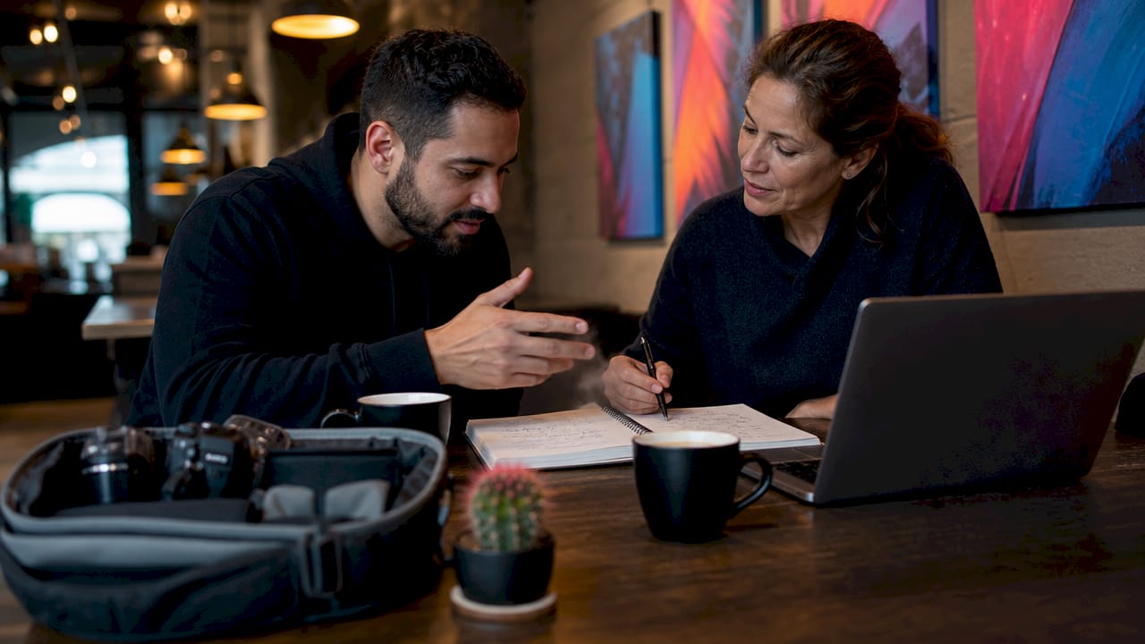 Two entrepreneurs discussing video content at café table