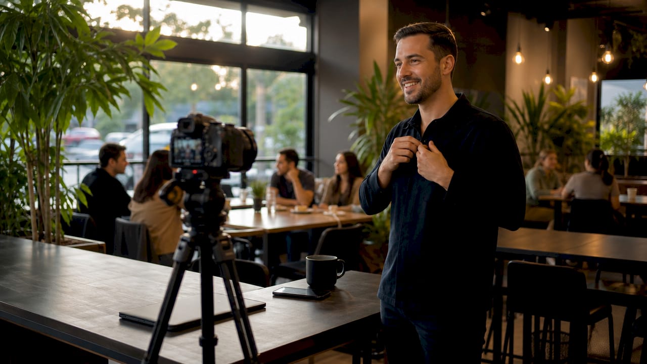 Man preparing to record video testimonial at home