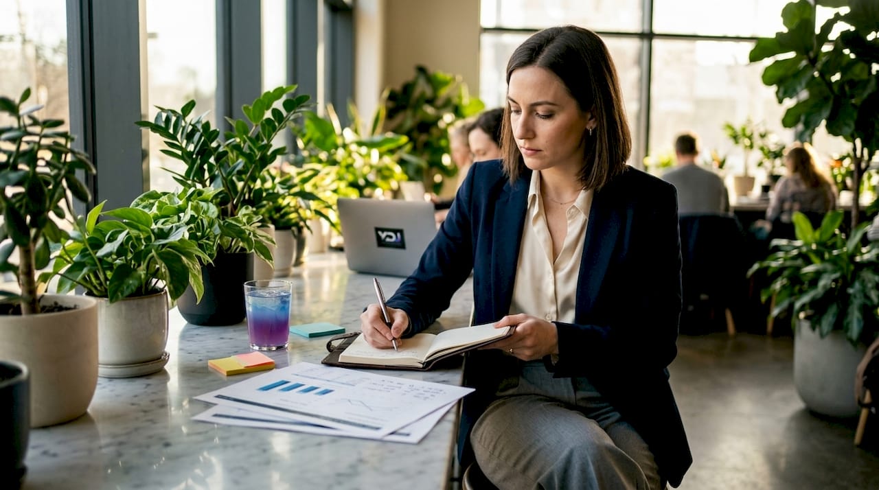Woman reviewing website conversion data at table