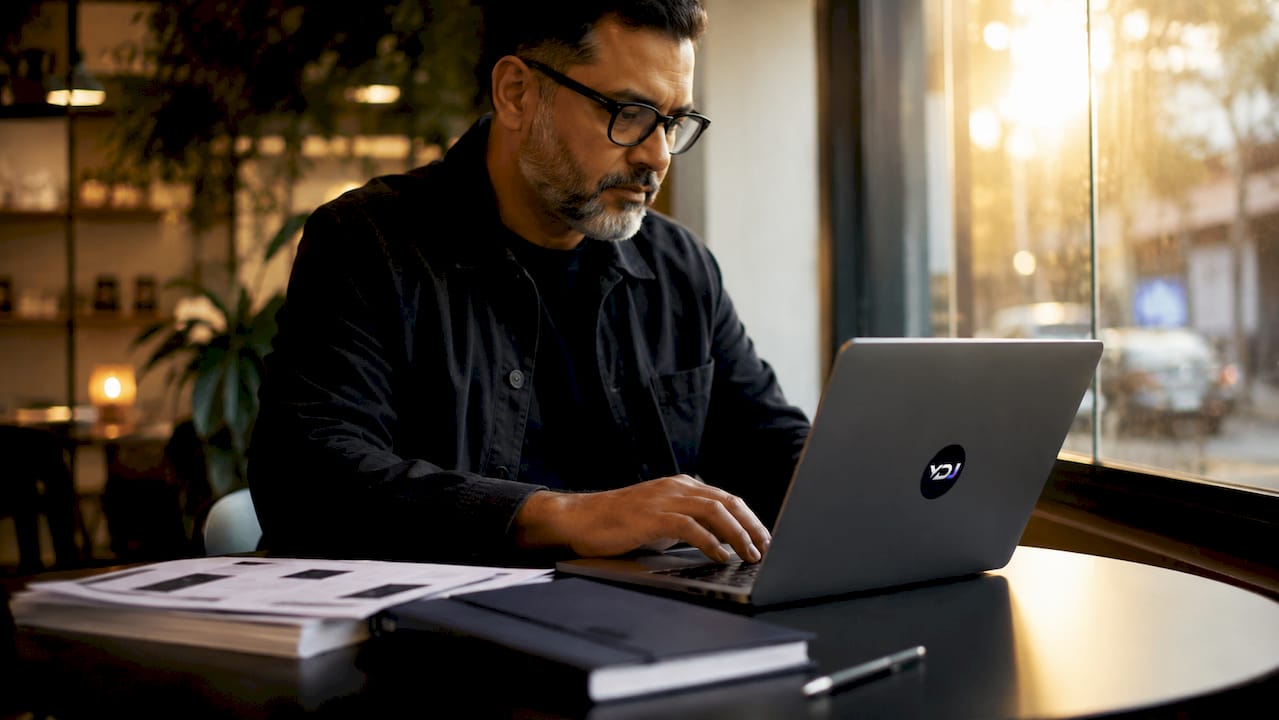 Man typing clear portfolio messaging