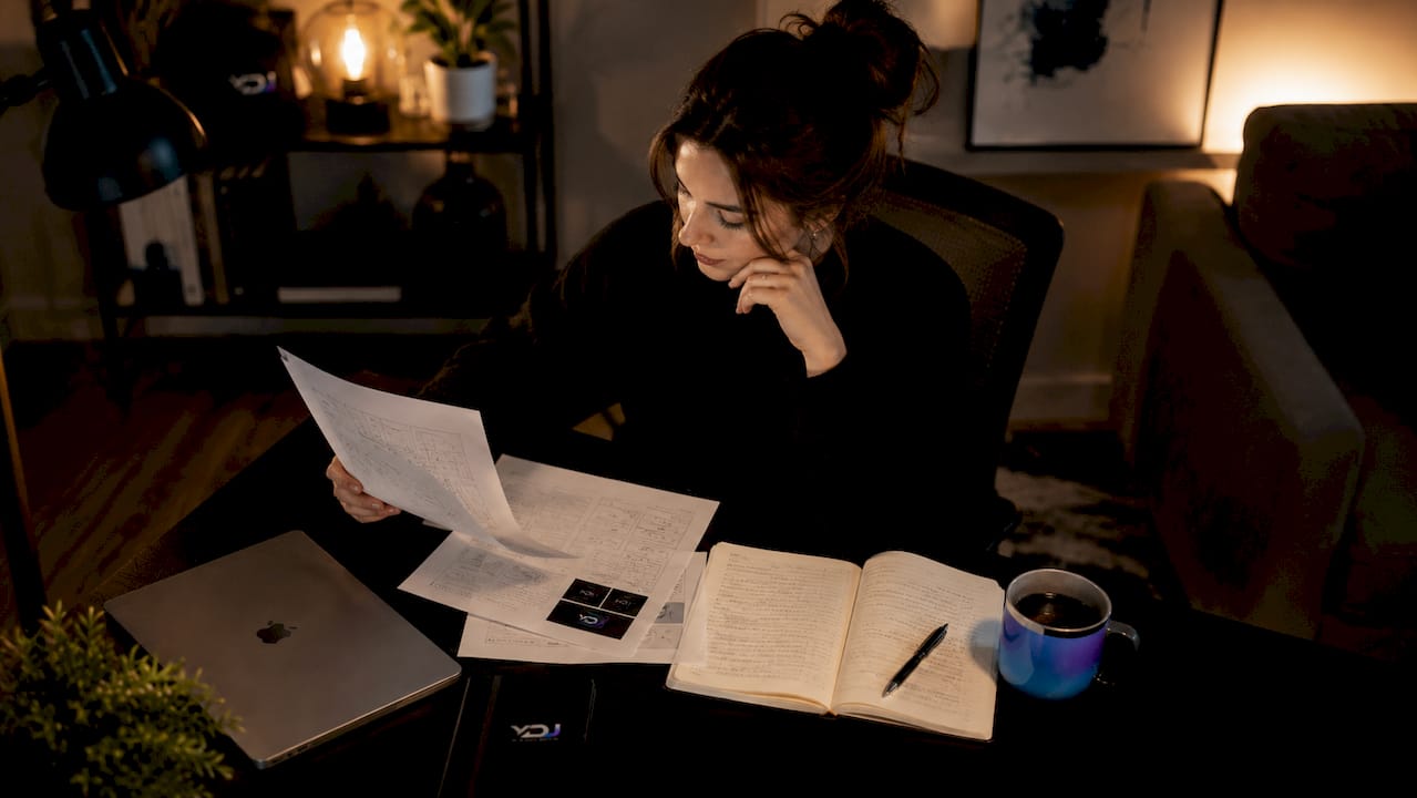Freelancer reviewing portfolio client materials