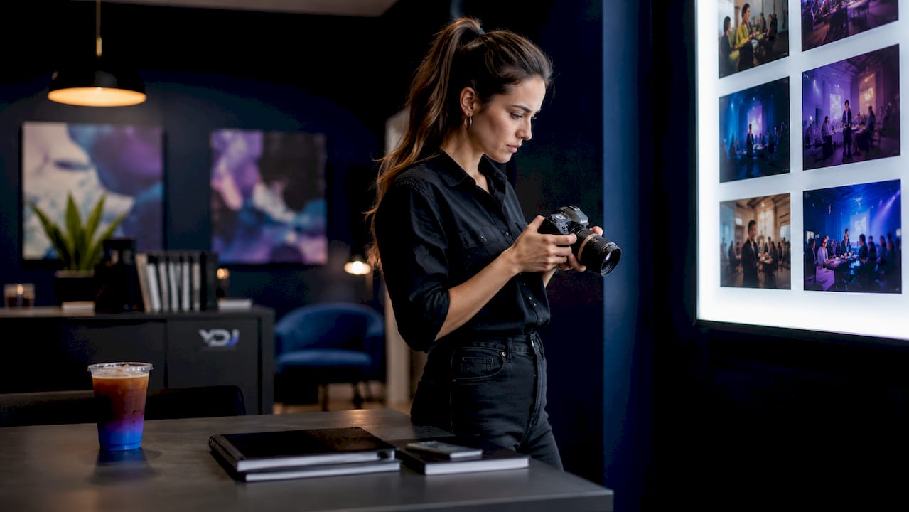 Small business owner reviewing service photos