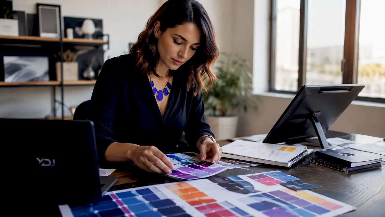Designer hands arranging brand colors and fonts