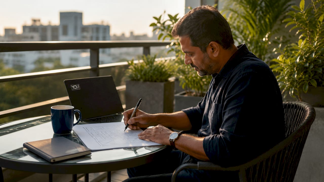 Man sketching homepage wireframes overhead view