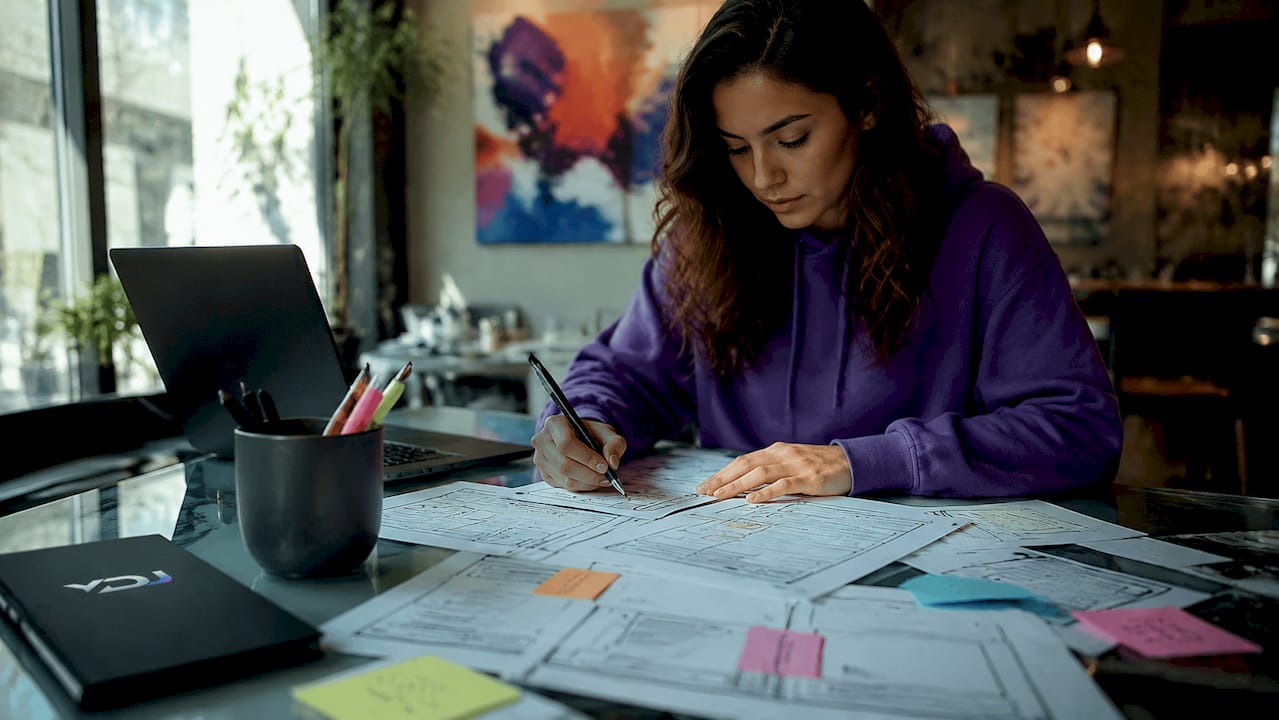 UX designer sketching website wireframes at desk