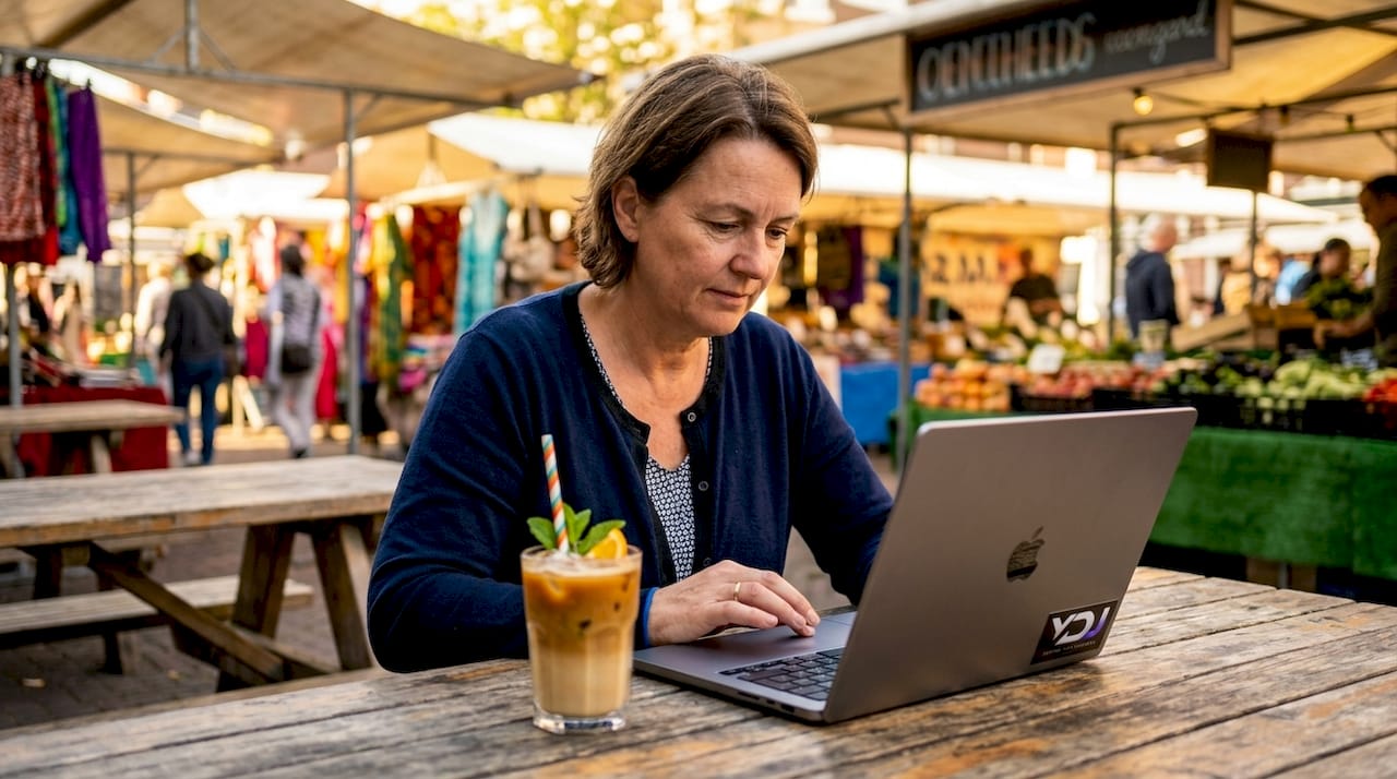 Customer browsing small business website in café