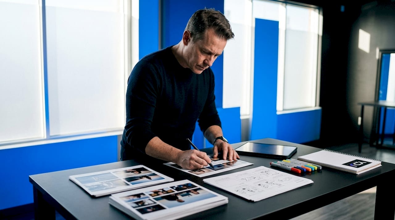 Hands arranging photos for visual storytelling