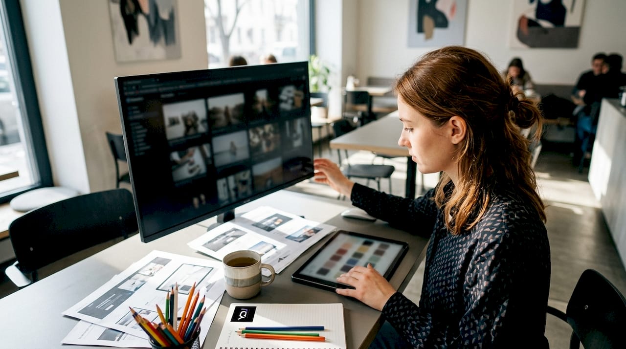 Web designer selecting visuals at loft desk
