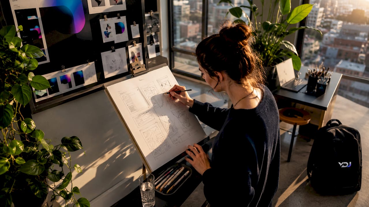 Graphic designer sketching portfolio layout
