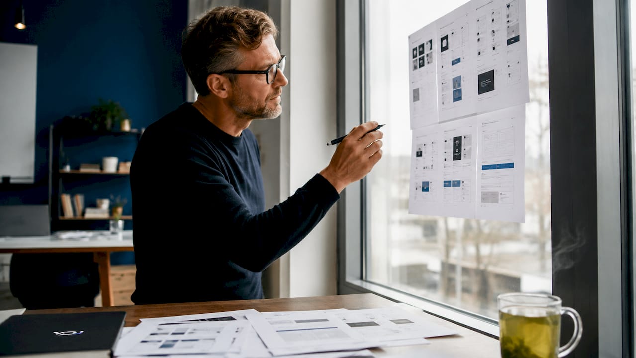 Man reviewing printed service page design