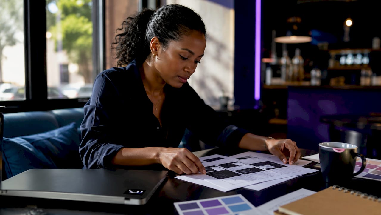 Woman arranging website wireframes at desk