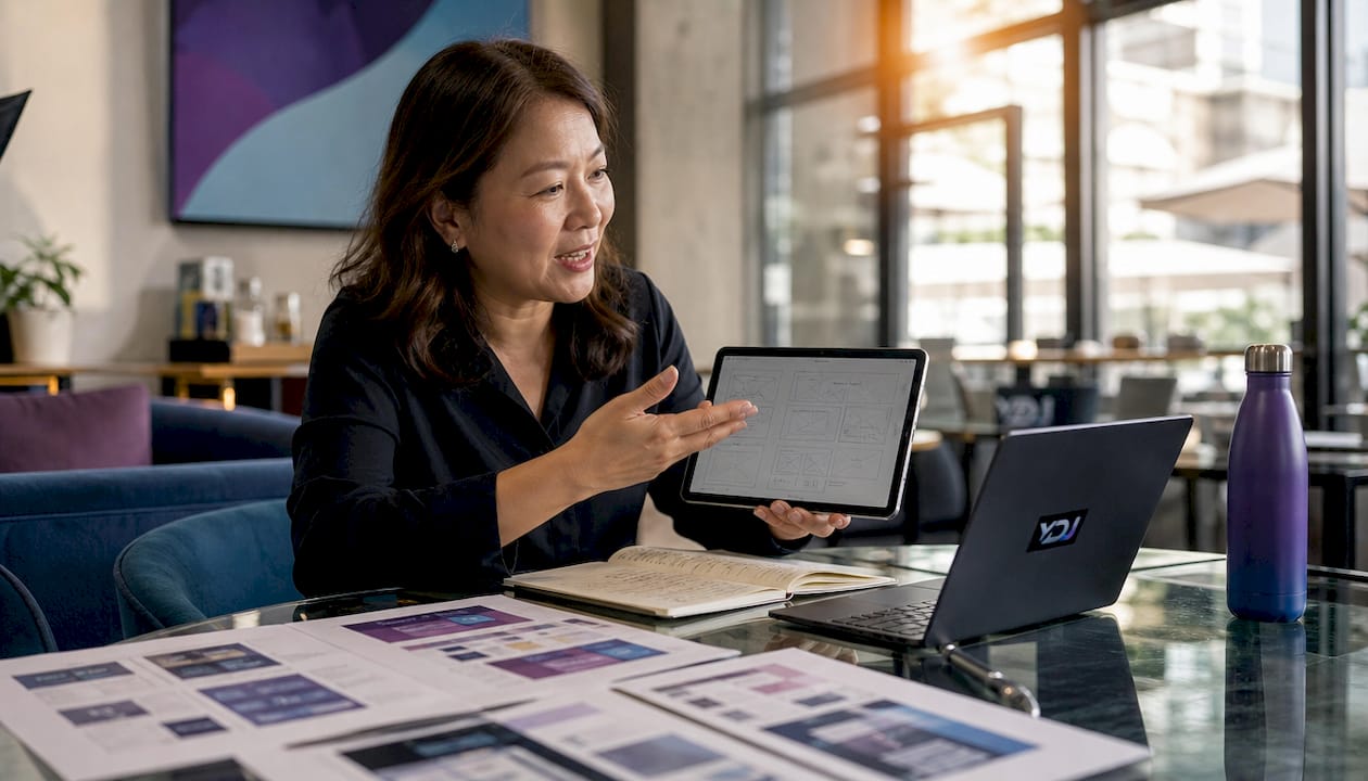 Businesswoman discussing website user experience at home office