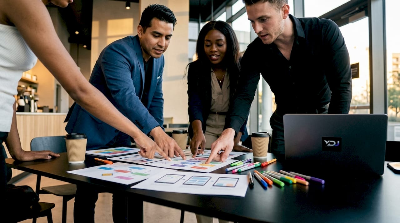 Diverse team collaborating over website UX touchpoints diagrams