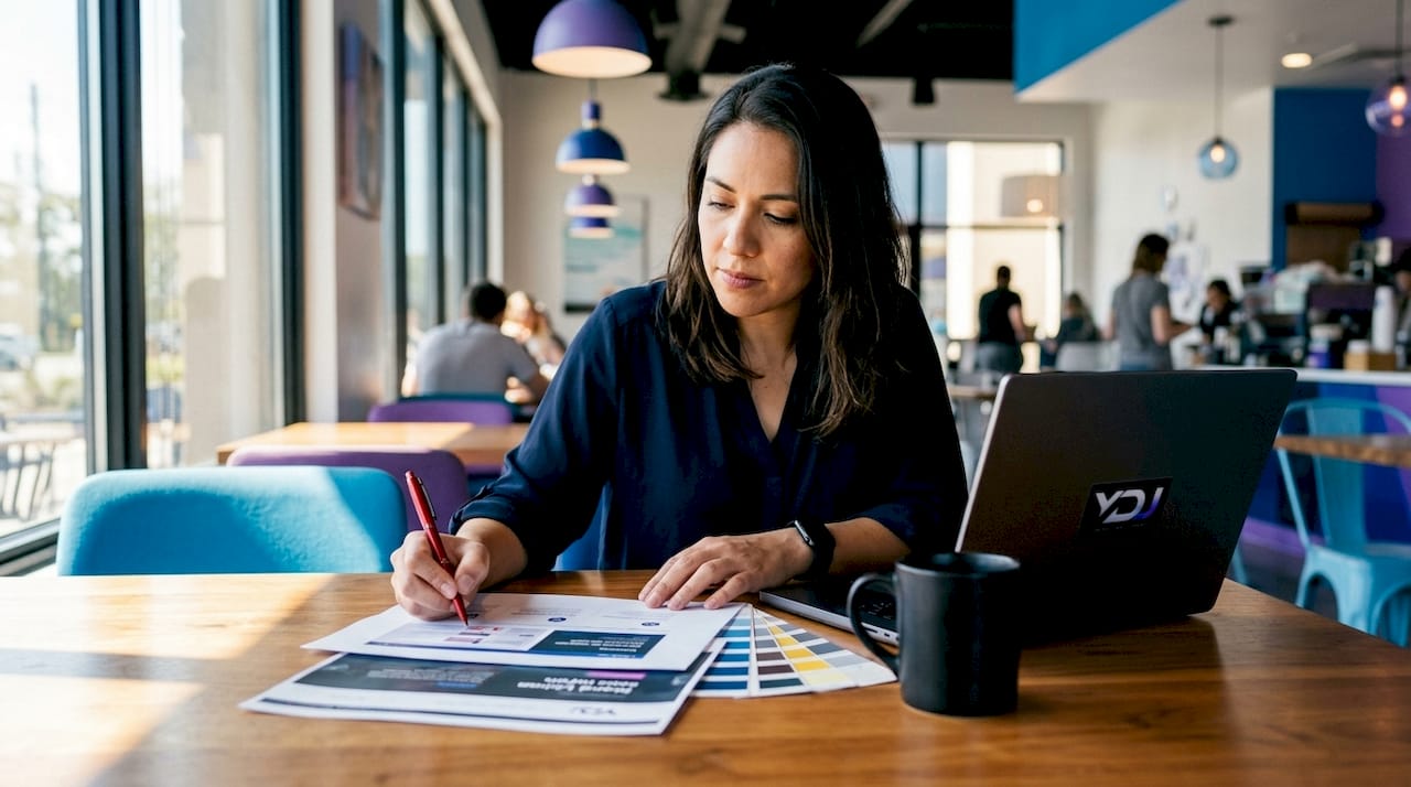 Woman reviewing website brand designs