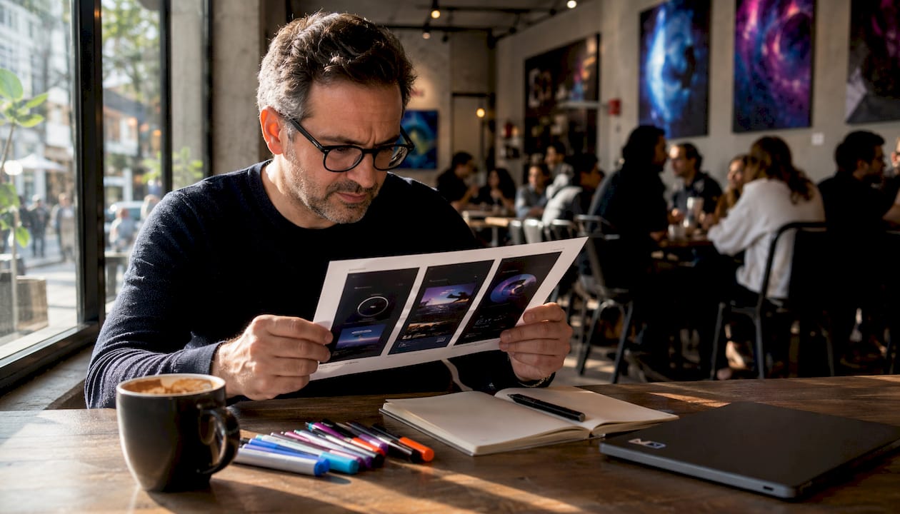 Man reviewing printed visual narrative sequence at home office
