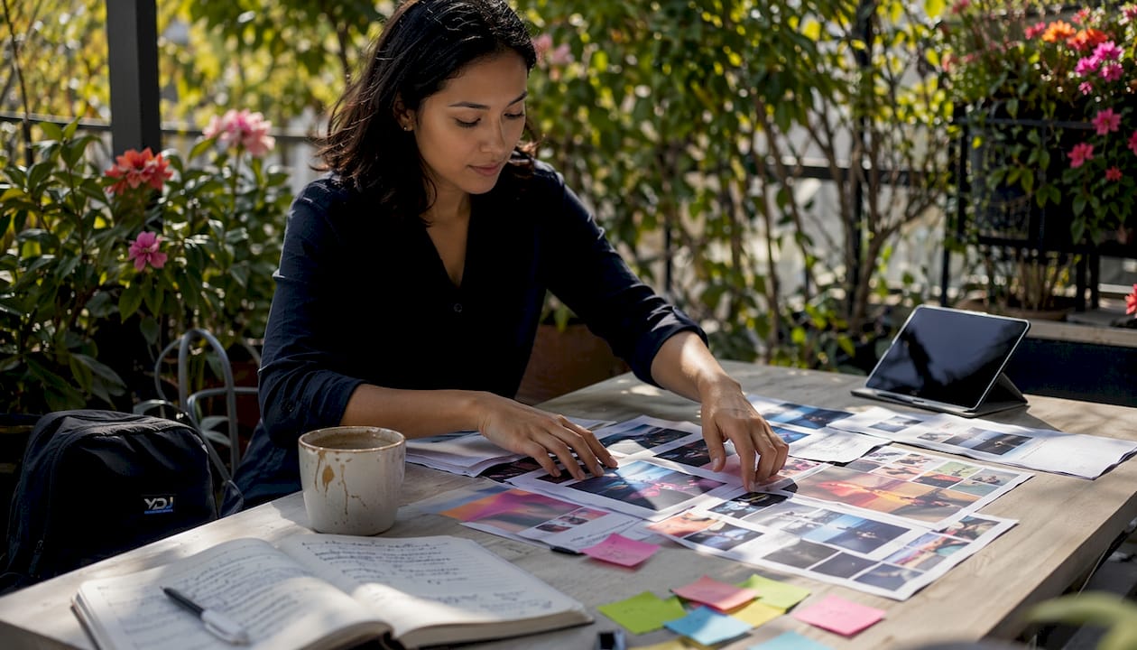 Marketer arranging visual storyboards at bright co-working desk