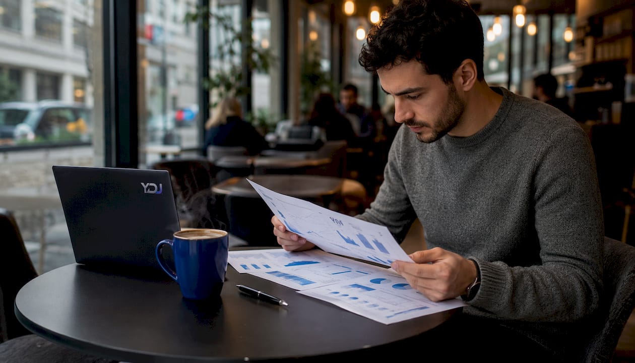 Hands reviewing web analytics reports with coffee