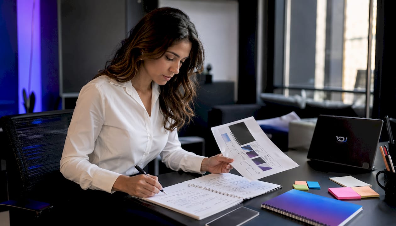 Woman reviewing website storytelling notes