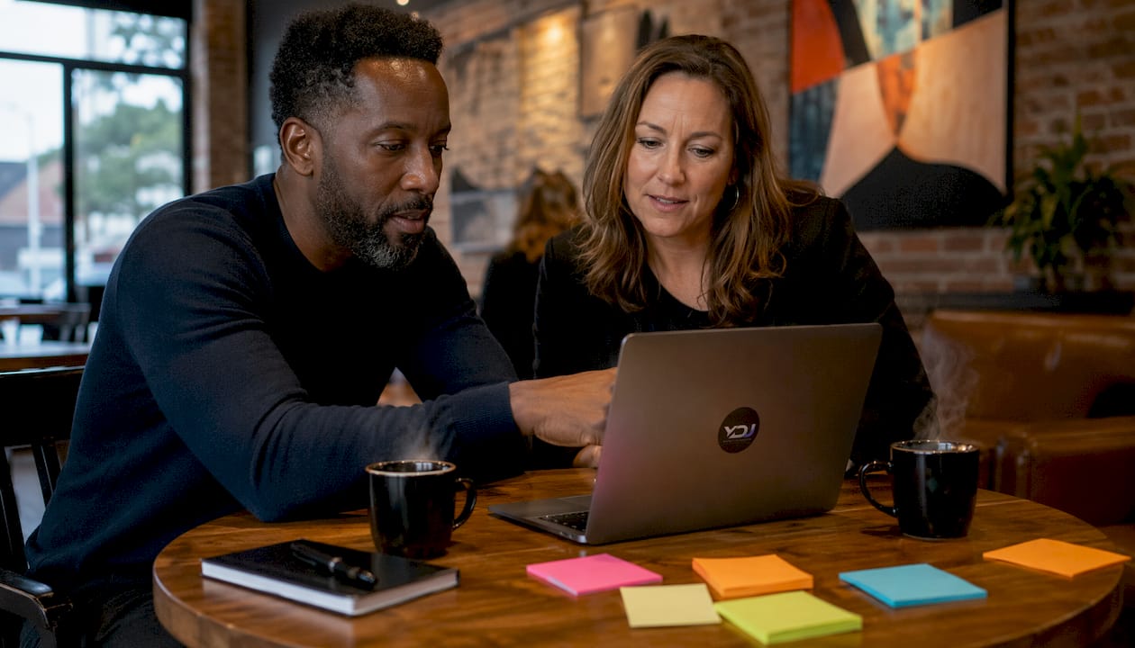 Professional pair reviewing marketing video types