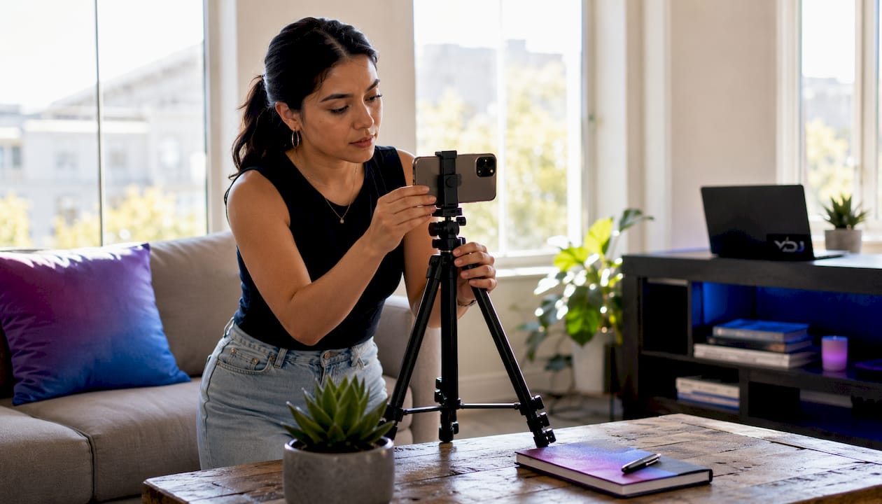 Hands setting up smartphone to record video introduction
