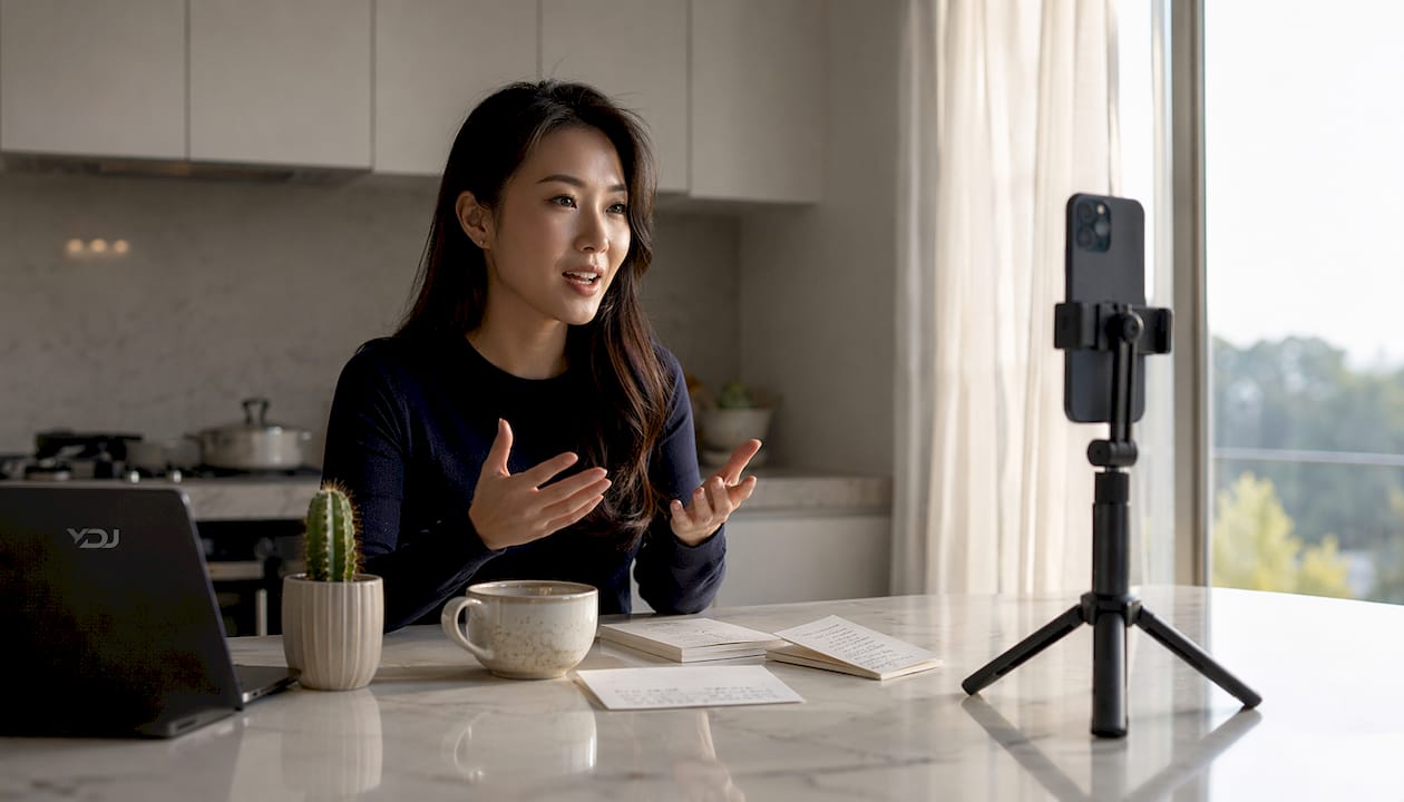 Woman recording video introduction at home