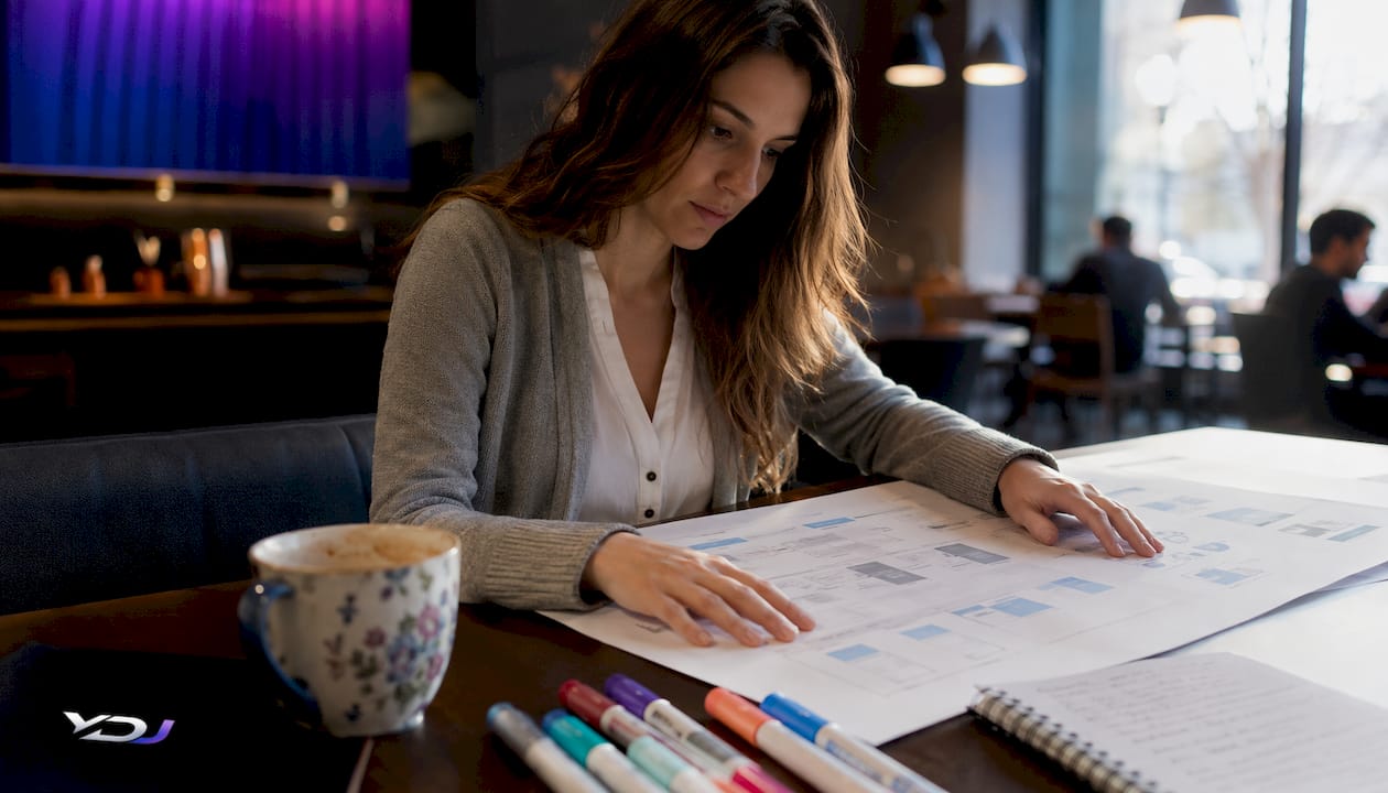 Woman reviewing website content strategy printouts