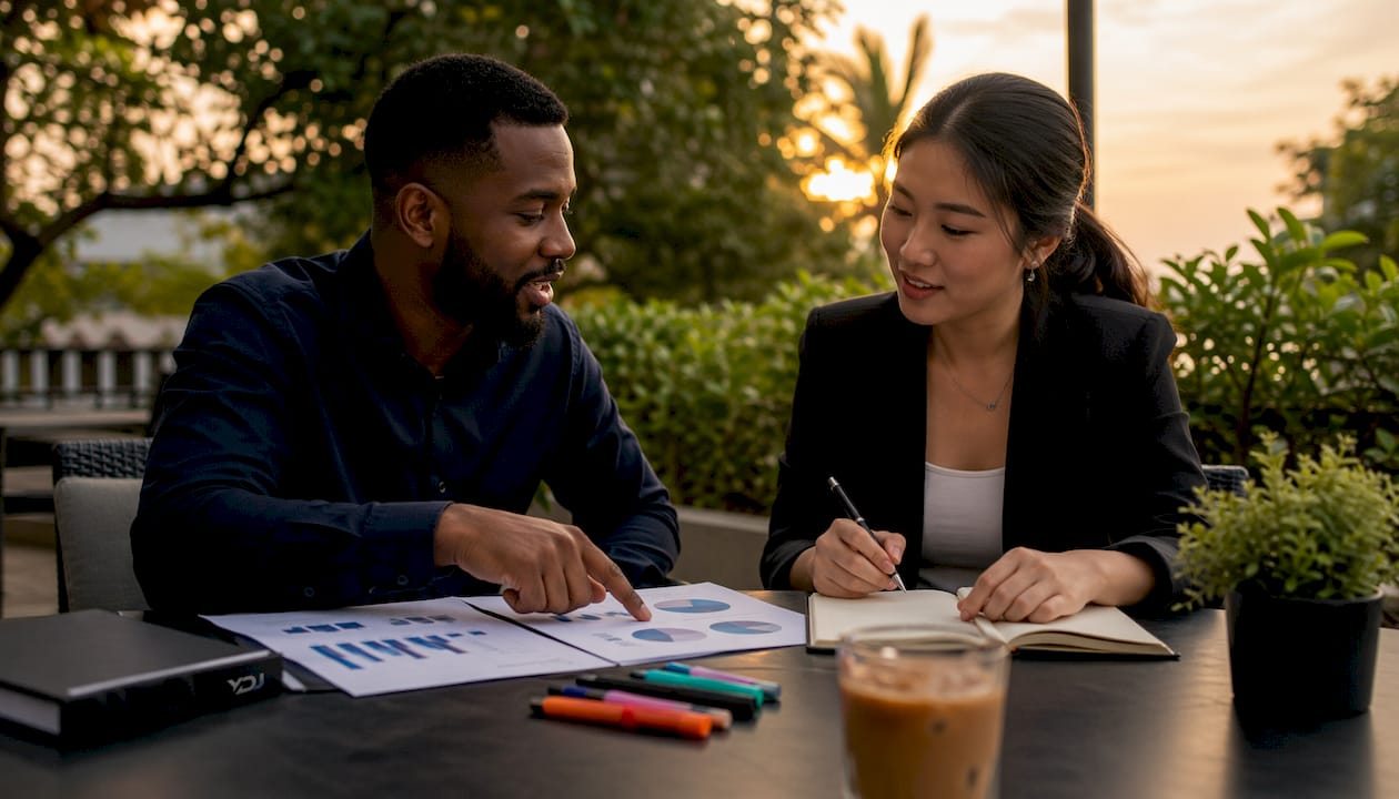 Two marketers discussing content tactics in café