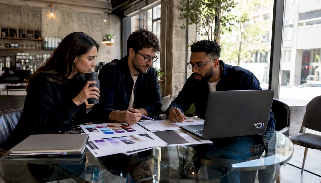Team collaborating on brand design elements