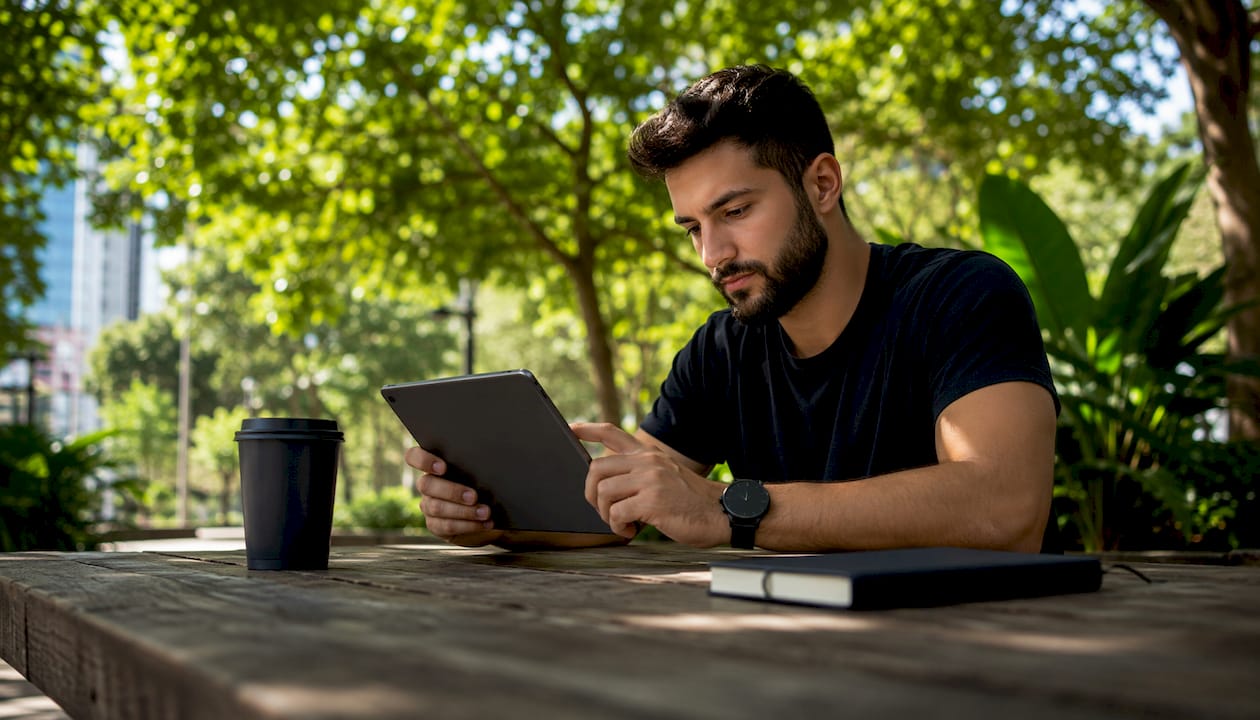 Man using tablet studying brand website outdoors