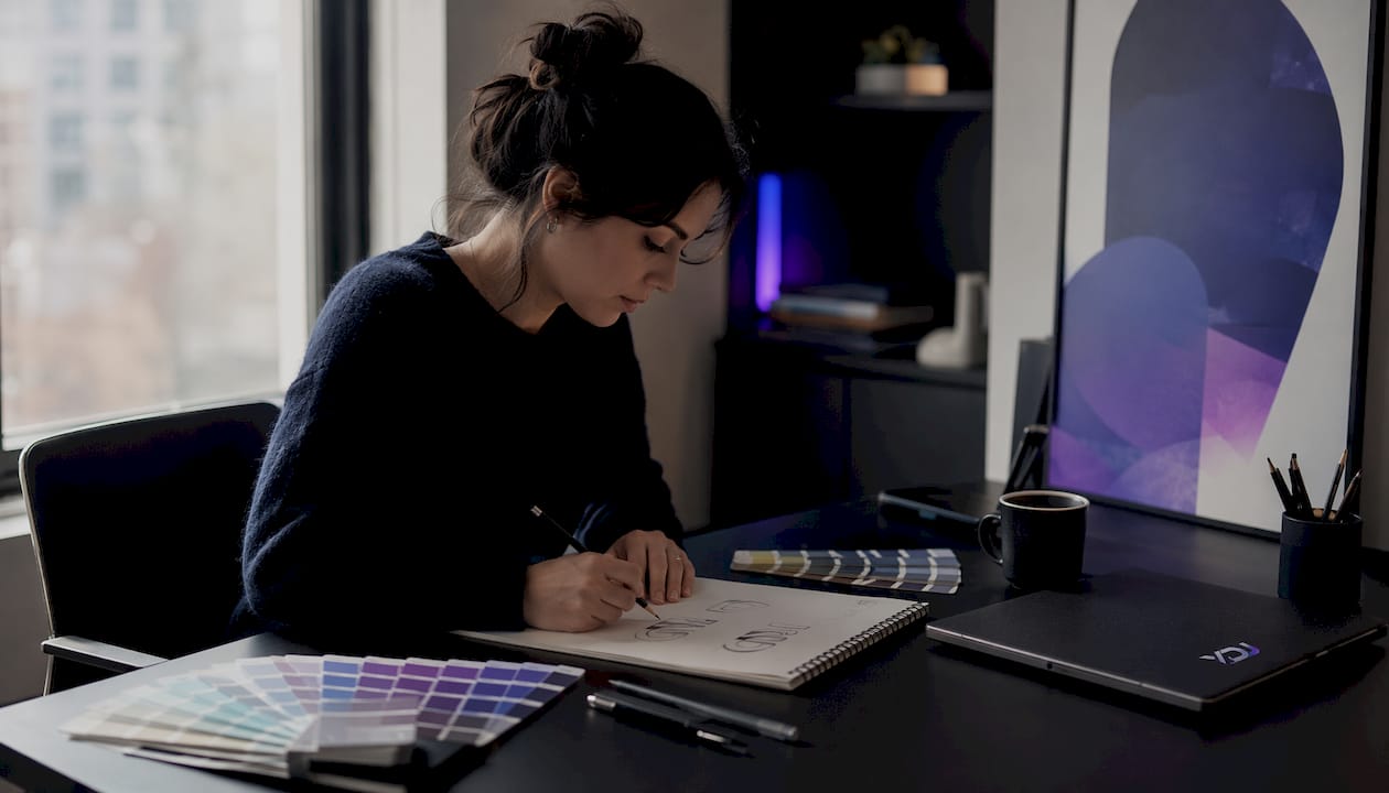 Designer sketching logos in bright home office