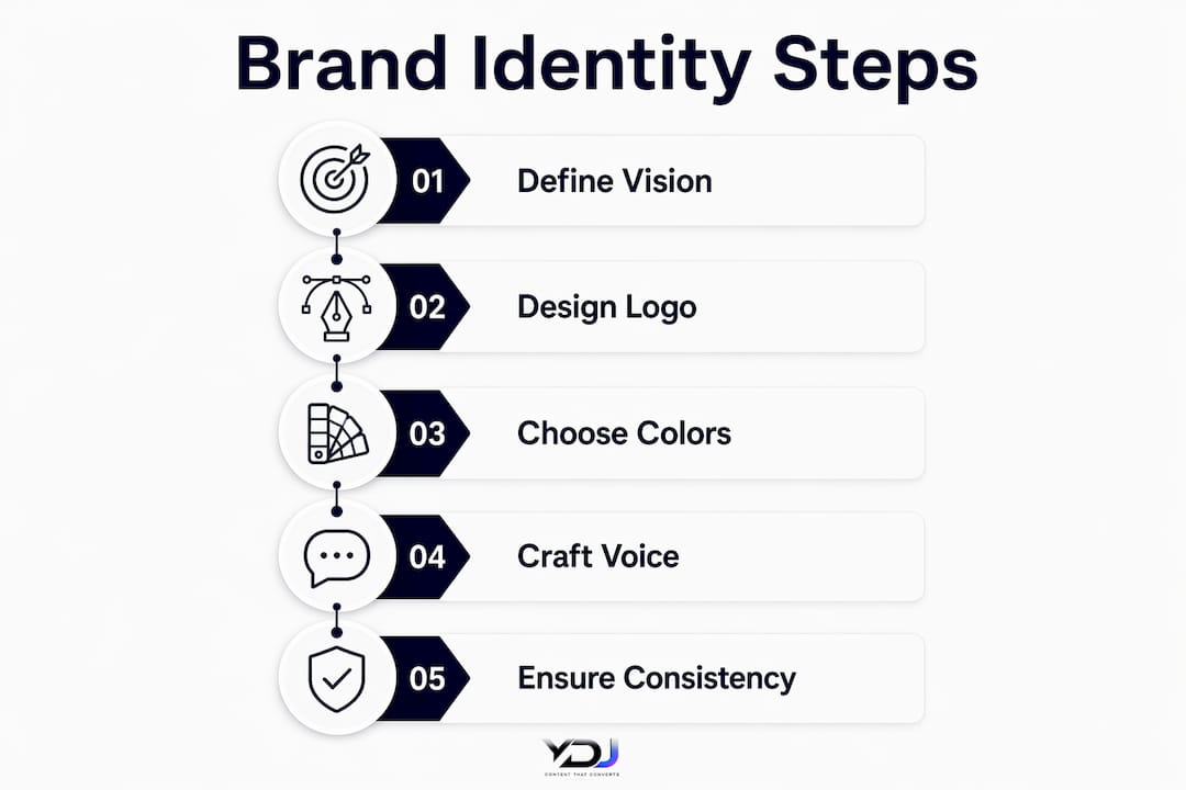 Infographic showing five steps of brand identity building
