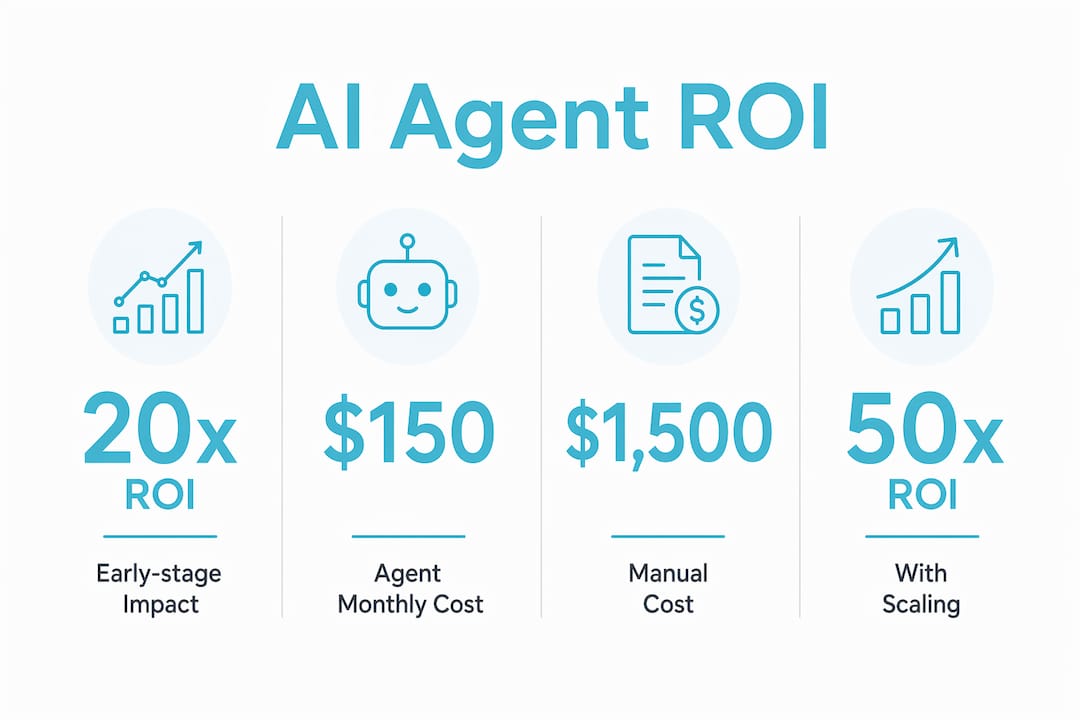 Infographic showing AI agent ROI stats for startups