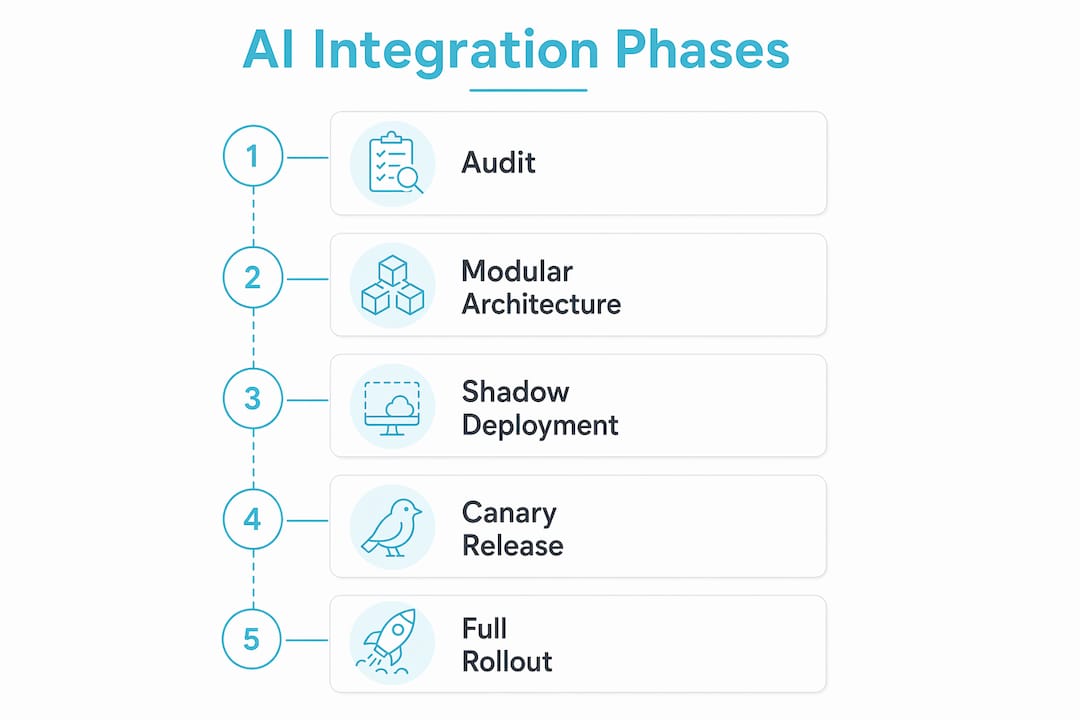 Infographic illustrating AI integration deployment phases