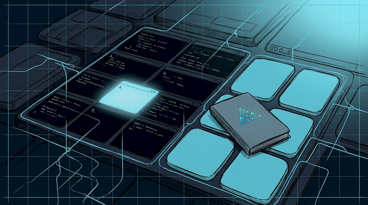 Close-up of cyan-lit AI workflow grid panels