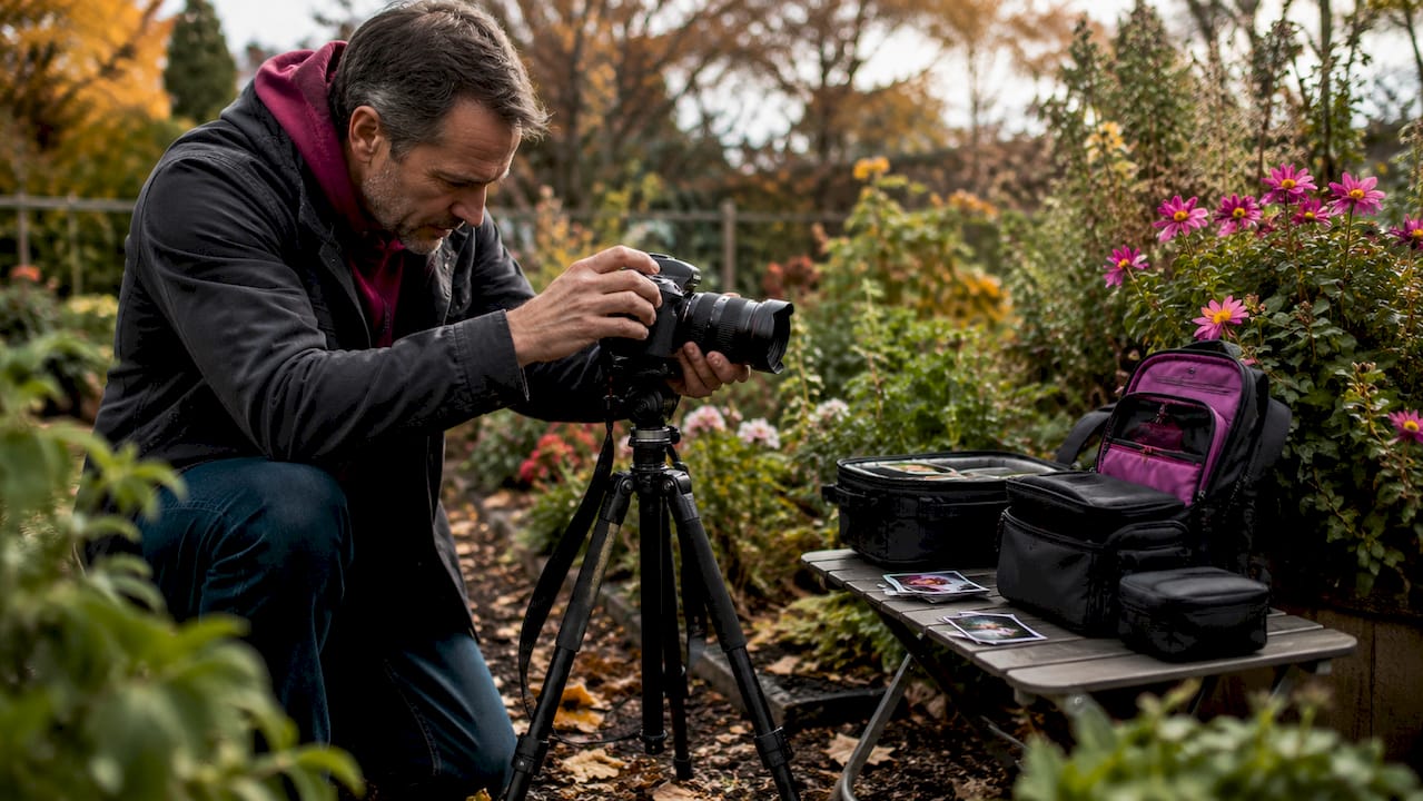 Hands adjusting camera for seasonal service photoshoot