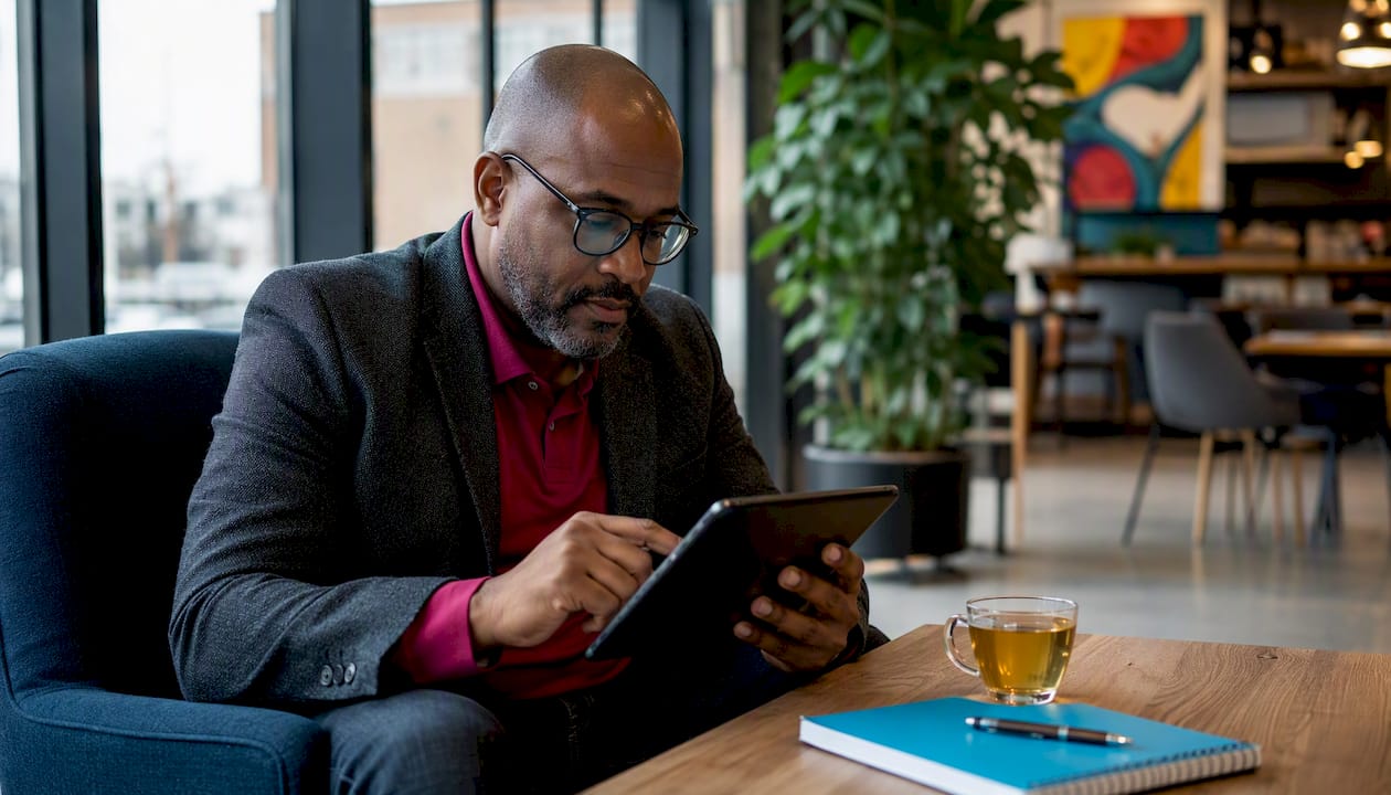Hands managing customer reviews on tablet